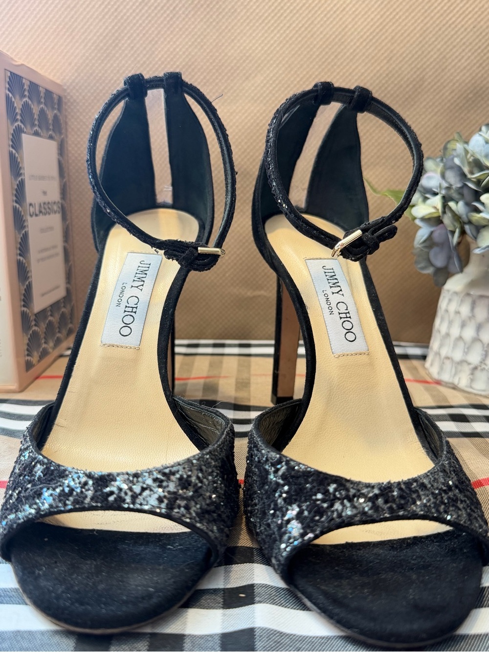 Jimmy Choo Black Glitter Ankle-Strap Stiletto Heels